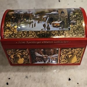 Red Decorative Tin Box with Winter Scene